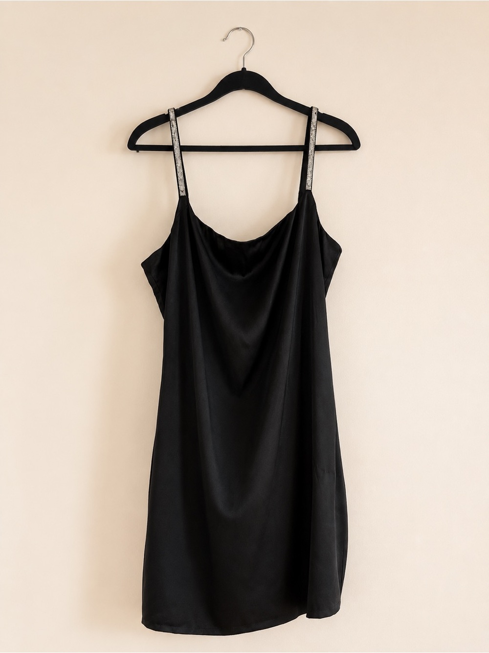 Black Satin Mini Dress with Rhinestone Straps